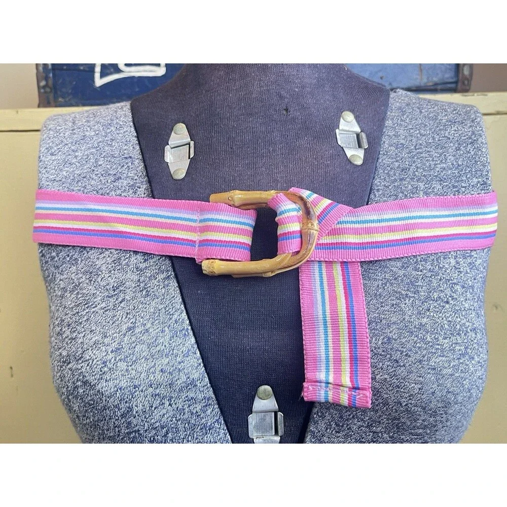 Vintage 1970s Preppy Nautical Pink Rainbow Stripe Belt W/Bamboo Buckle 39”